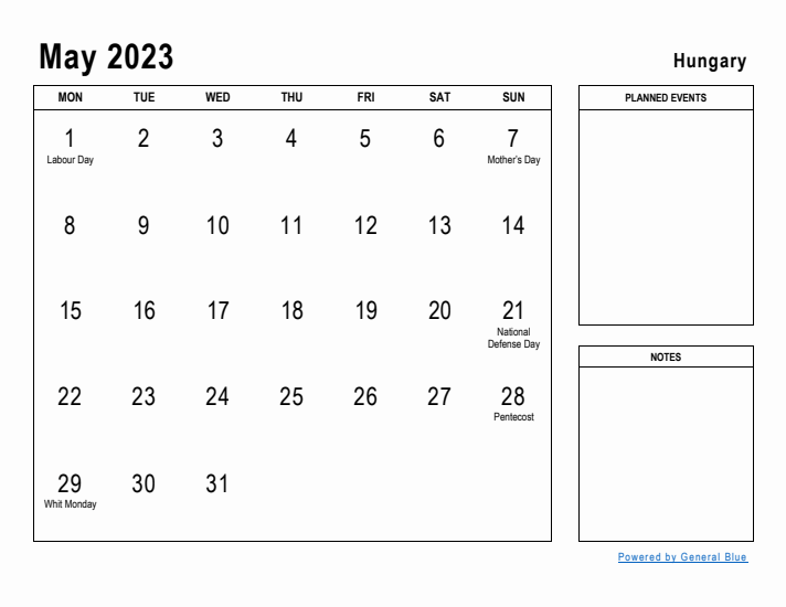 May 2023 Printable Monthly Calendar with Hungary Holidays