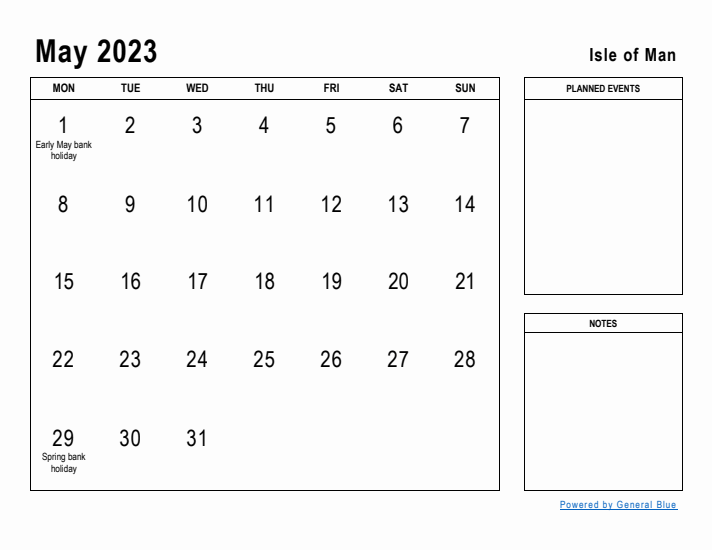 May 2023 Printable Monthly Calendar with Isle of Man Holidays