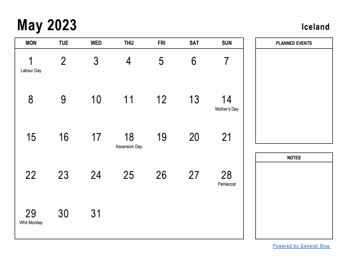 May 2023 Printable Monthly Calendar with Iceland Holidays