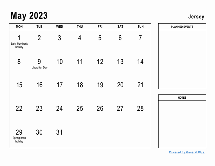 May 2023 Printable Monthly Calendar with Jersey Holidays