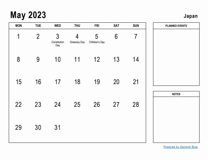 May 2023 Printable Monthly Calendar with Japan Holidays