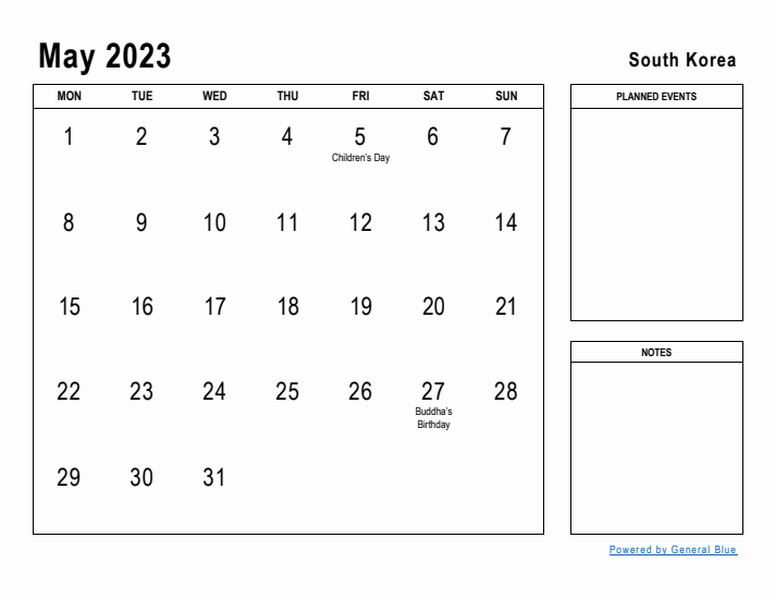 May 2023 Printable Monthly Calendar with South Korea Holidays