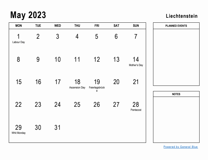 May 2023 Printable Monthly Calendar with Liechtenstein Holidays