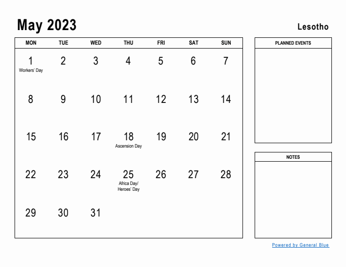 May 2023 Printable Monthly Calendar with Lesotho Holidays