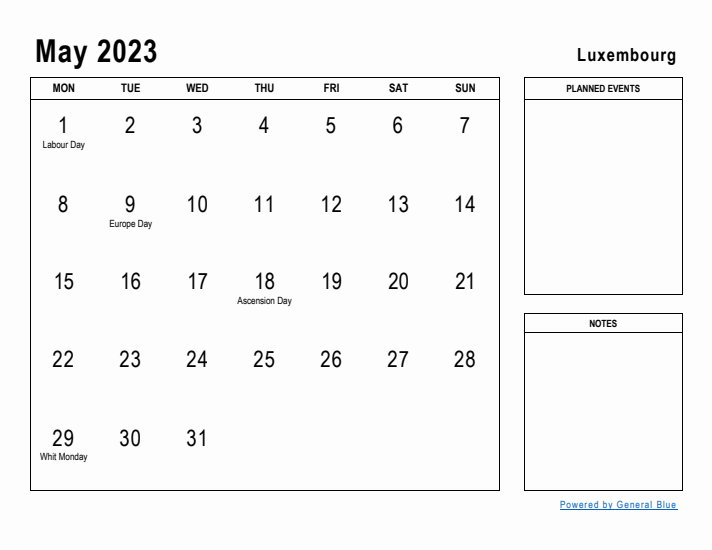 May 2023 Printable Monthly Calendar with Luxembourg Holidays