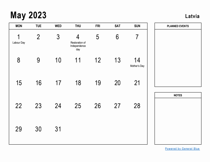 May 2023 Printable Monthly Calendar with Latvia Holidays