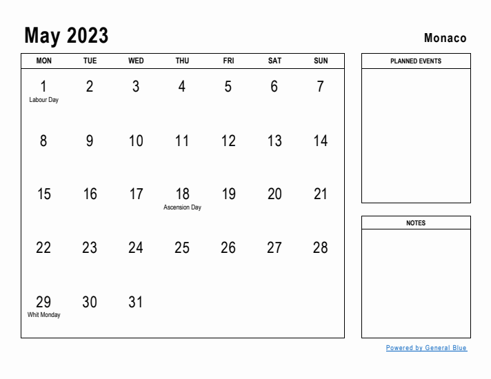 May 2023 Printable Monthly Calendar with Monaco Holidays