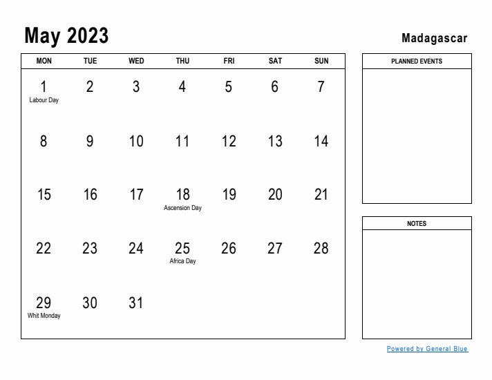 May 2023 Printable Monthly Calendar with Madagascar Holidays