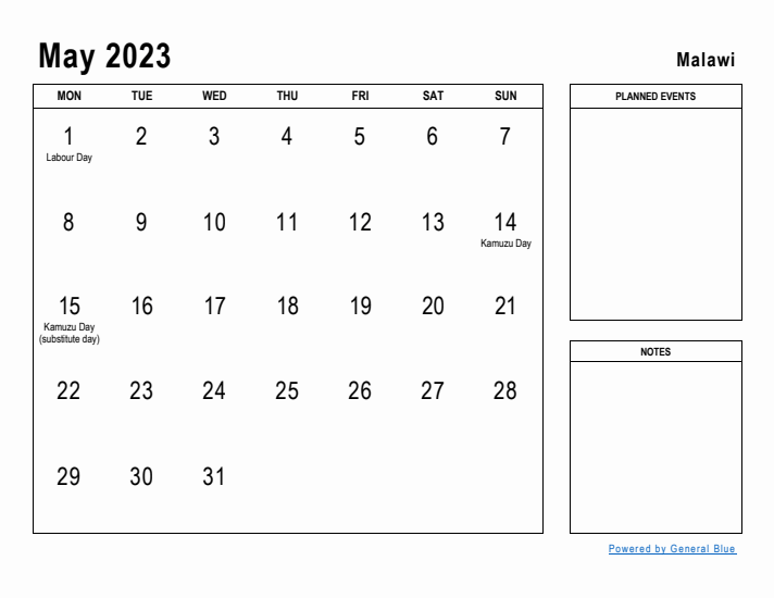 May 2023 Printable Monthly Calendar with Malawi Holidays