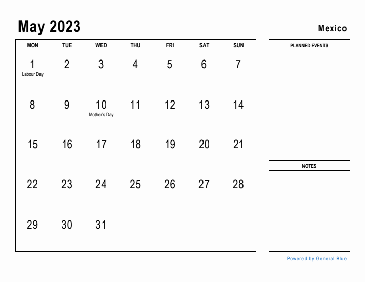 May 2023 Printable Monthly Calendar with Mexico Holidays