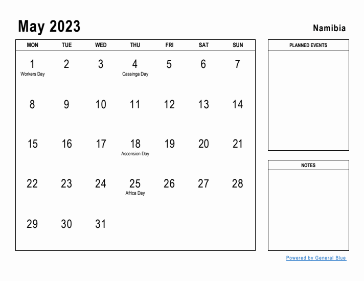 May 2023 Printable Monthly Calendar with Namibia Holidays