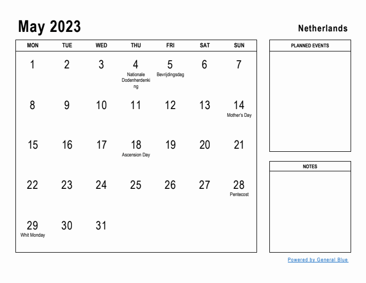 May 2023 Printable Monthly Calendar with The Netherlands Holidays