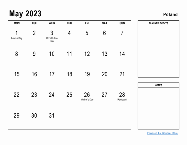 May 2023 Printable Monthly Calendar with Poland Holidays