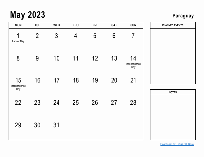 May 2023 Printable Monthly Calendar with Paraguay Holidays