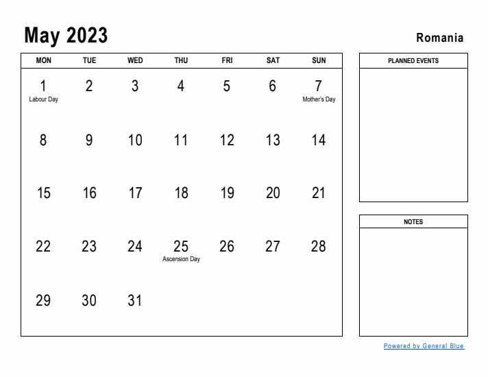 May 2023 Printable Monthly Calendar with Romania Holidays