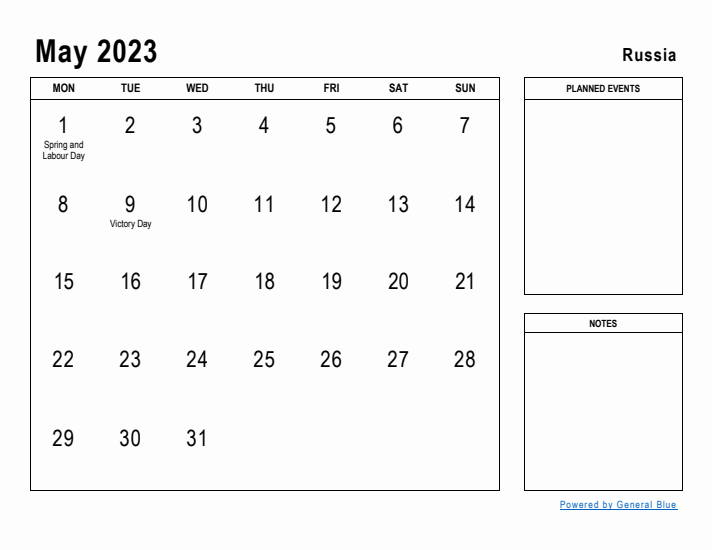 May 2023 Printable Monthly Calendar with Russia Holidays