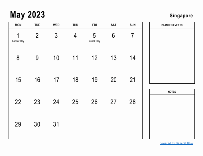 May 2023 Printable Monthly Calendar with Singapore Holidays