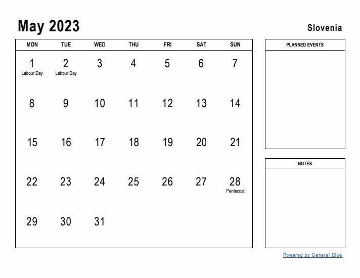 May 2023 Printable Monthly Calendar with Slovenia Holidays