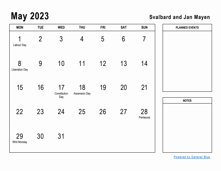 May 2023 Printable Monthly Calendar with Svalbard and Jan Mayen Holidays