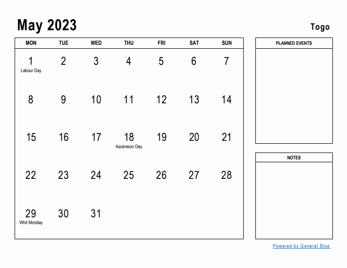 May 2023 Printable Monthly Calendar with Togo Holidays