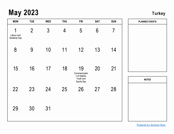 May 2023 Printable Monthly Calendar with Turkey Holidays