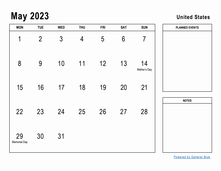 May 2023 Printable Monthly Calendar with United States Holidays