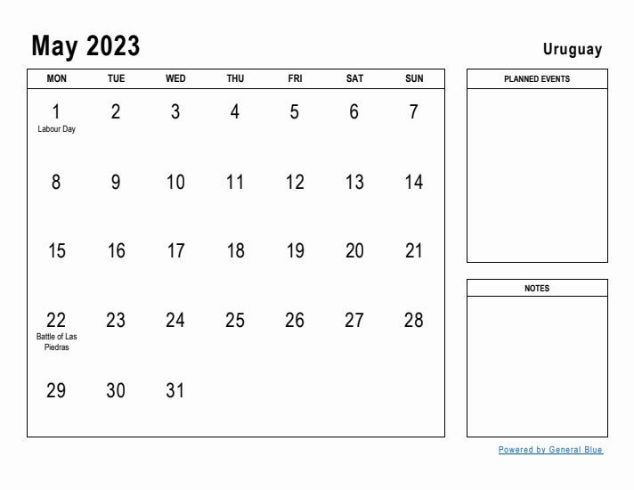 May 2023 Printable Monthly Calendar with Uruguay Holidays