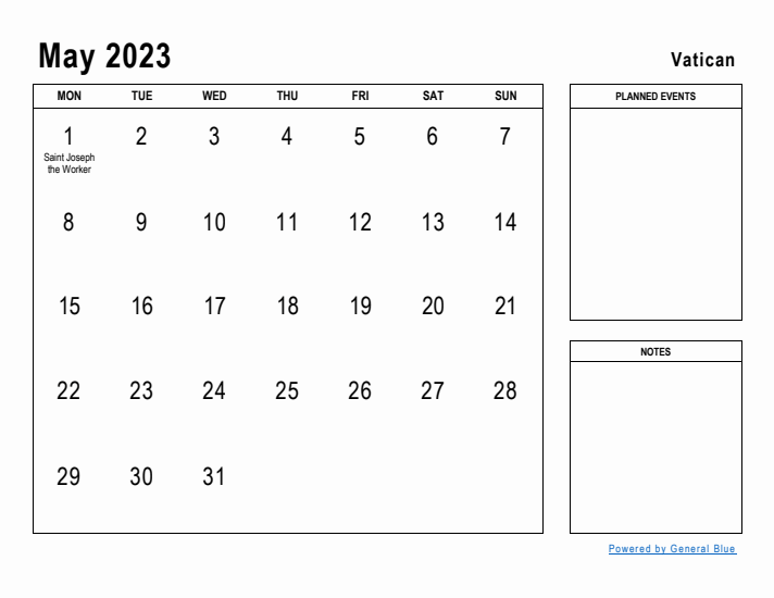 May 2023 Printable Monthly Calendar with Vatican Holidays