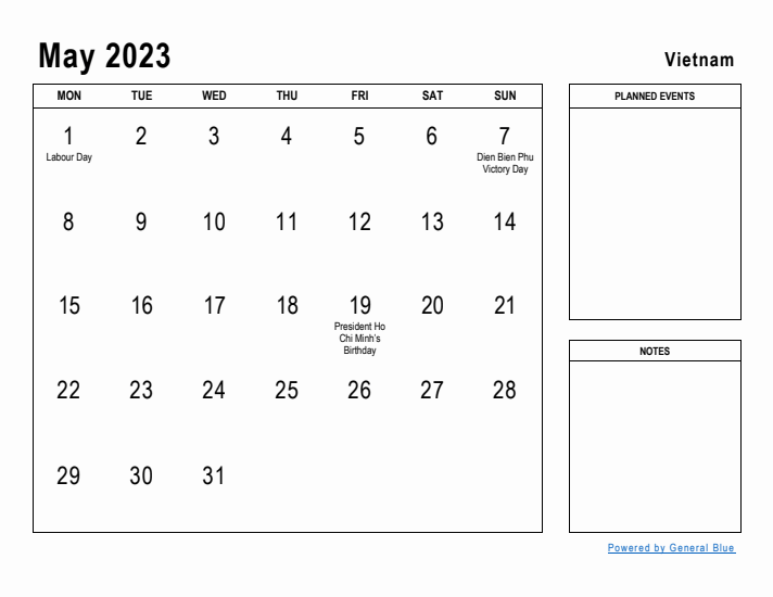 May 2023 Printable Monthly Calendar with Vietnam Holidays