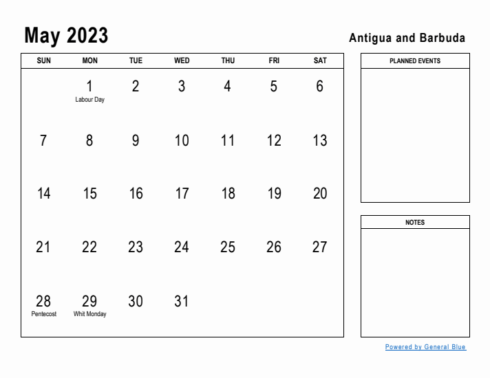 May 2023 Printable Monthly Calendar with Antigua and Barbuda Holidays