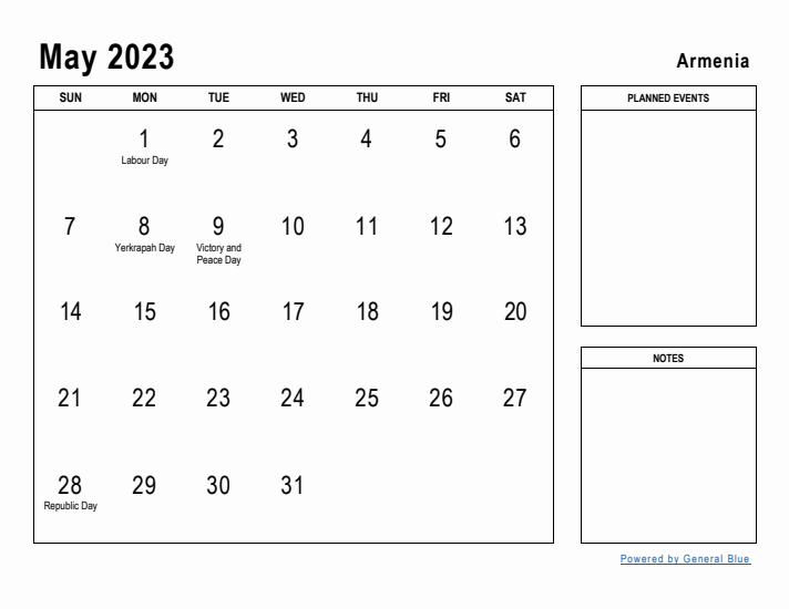 May 2023 Printable Monthly Calendar with Armenia Holidays