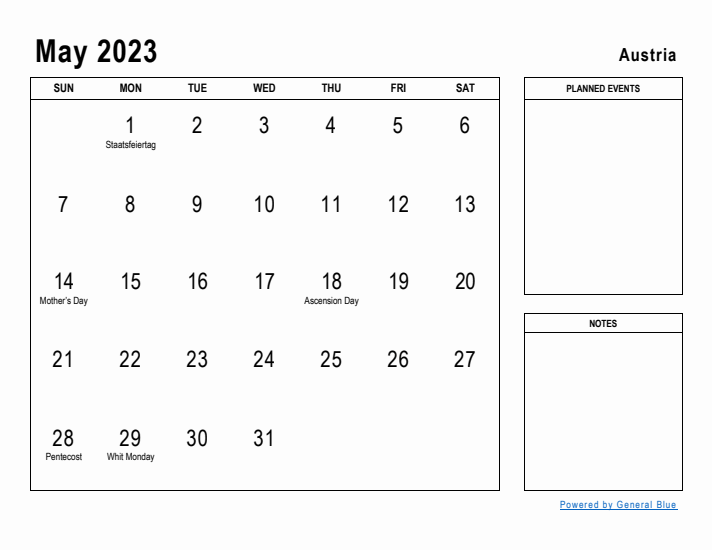 May 2023 Printable Monthly Calendar with Austria Holidays