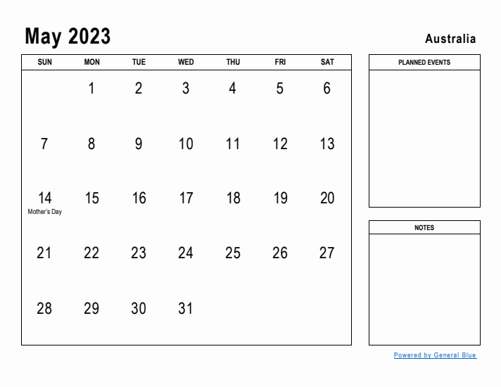 May 2023 Printable Monthly Calendar with Australia Holidays