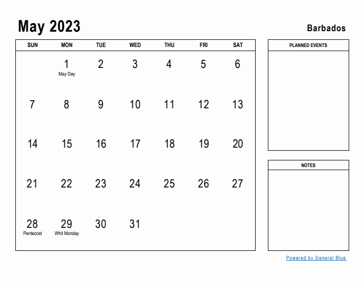 May 2023 Printable Monthly Calendar with Barbados Holidays