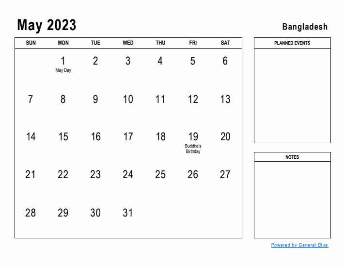 May 2023 Printable Monthly Calendar with Bangladesh Holidays