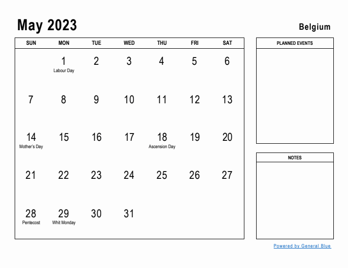 May 2023 Printable Monthly Calendar with Belgium Holidays