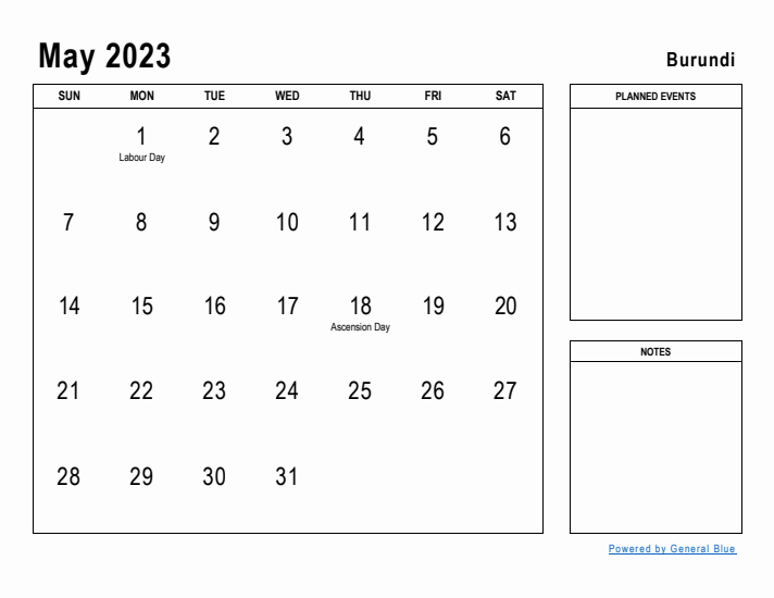 May 2023 Printable Monthly Calendar with Burundi Holidays