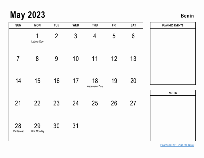 May 2023 Printable Monthly Calendar with Benin Holidays