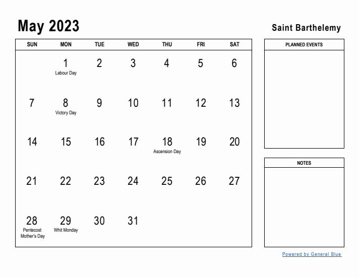 May 2023 Printable Monthly Calendar with Saint Barthelemy Holidays