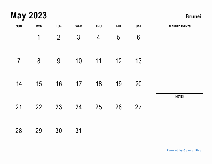 May 2023 Printable Monthly Calendar with Brunei Holidays