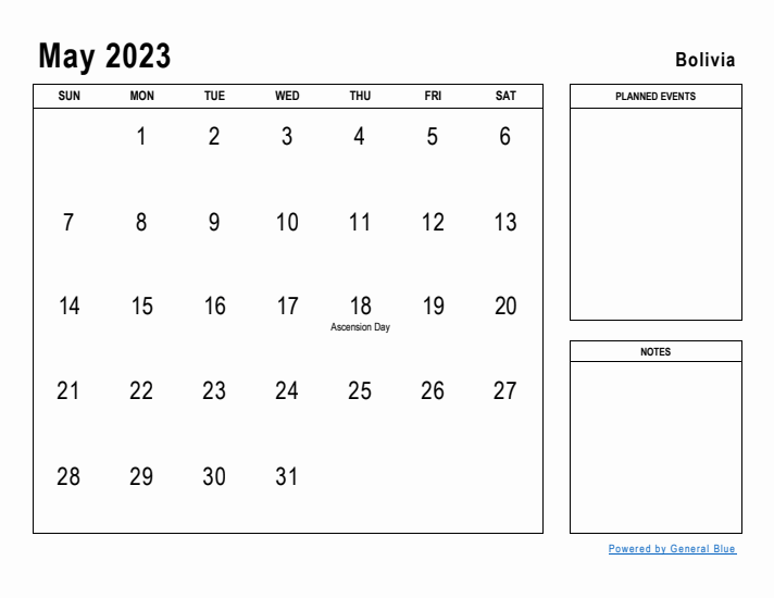 May 2023 Printable Monthly Calendar with Bolivia Holidays