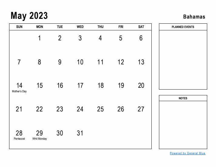 May 2023 Printable Monthly Calendar with Bahamas Holidays