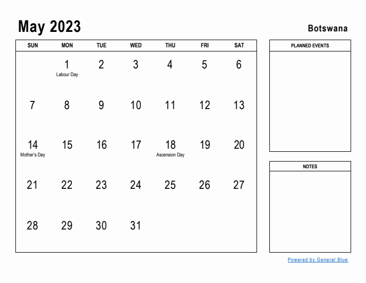 May 2023 Printable Monthly Calendar with Botswana Holidays