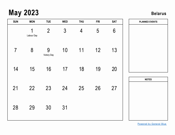 May 2023 Printable Monthly Calendar with Belarus Holidays