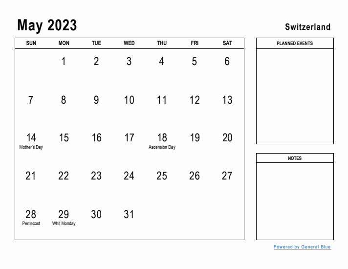 May 2023 Printable Monthly Calendar with Switzerland Holidays