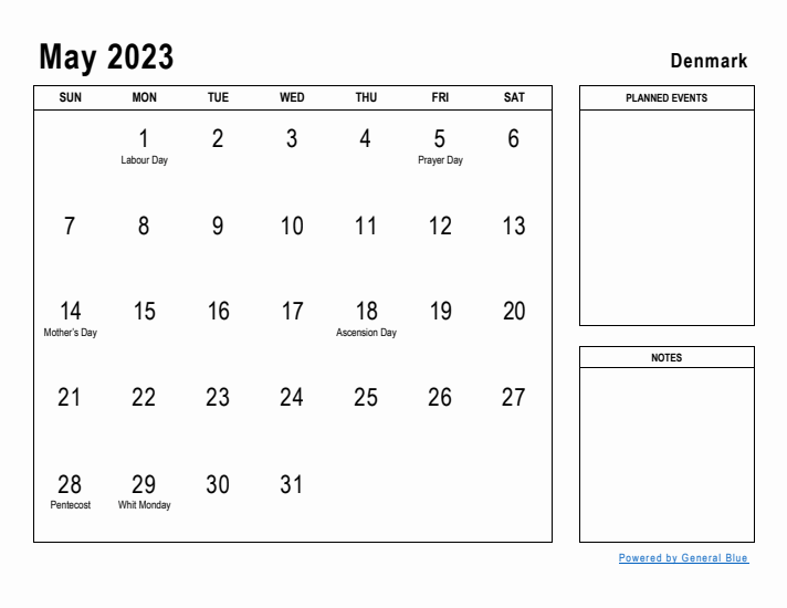 May 2023 Printable Monthly Calendar with Denmark Holidays