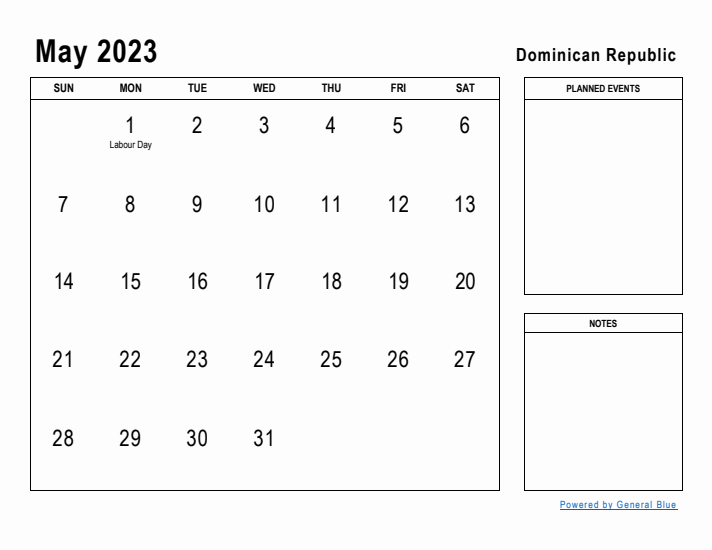 May 2023 Printable Monthly Calendar with Dominican Republic Holidays