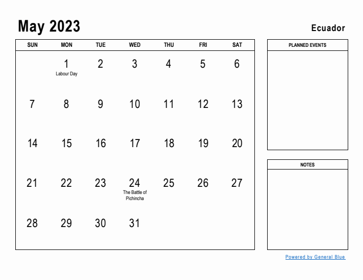 May 2023 Printable Monthly Calendar with Ecuador Holidays