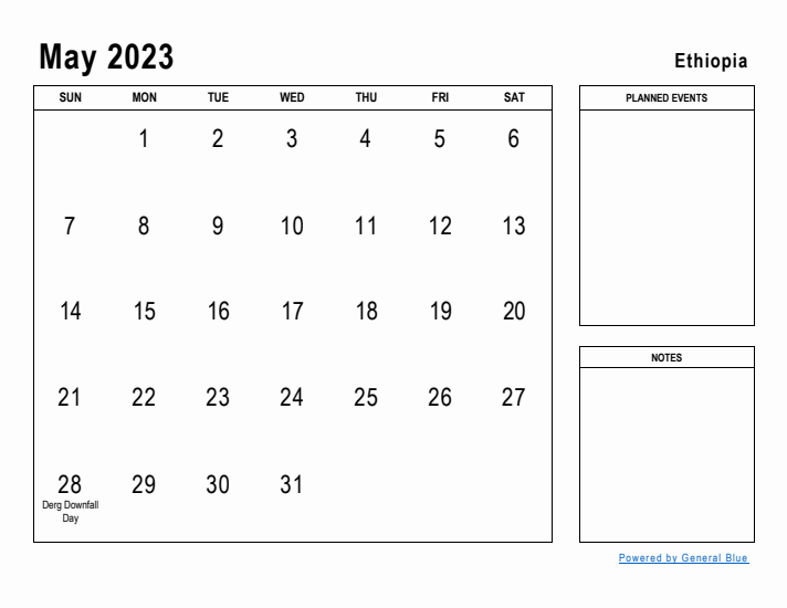 May 2023 Printable Monthly Calendar with Ethiopia Holidays