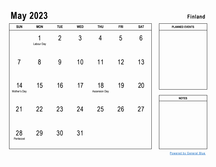 May 2023 Printable Monthly Calendar with Finland Holidays